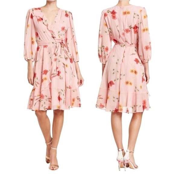 New! Gabby Skye Floral Chiffon Ruffle Pink Faux Wrap Dress - Picture 1 of 13